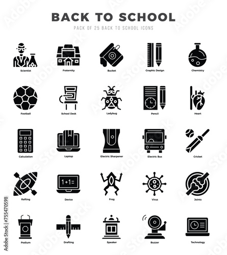 Set of 25 Back To School Glyph Icons Pack.