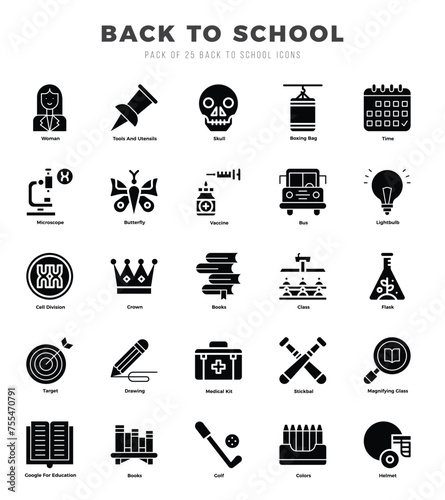 Back To School Glyph icons collection. 25 icon set. Vector illustration.