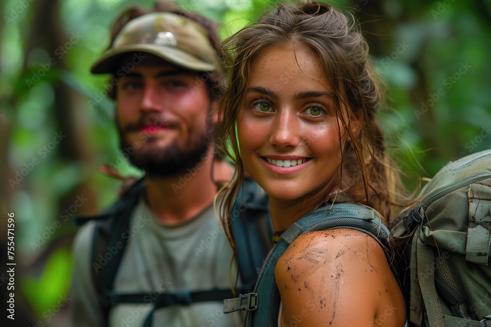 Happy couple exploring the Amazon Rainforest in Brazil. Full color photo. Canon R5, aperture f/1.8 --ar 3:2 --stylize 750 Job ID: 07fad177-907d-462a-b831-d132fea509f2