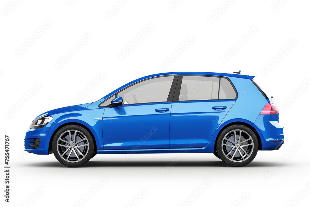 A blue car with a white background. The car is blue and has a shiny finish