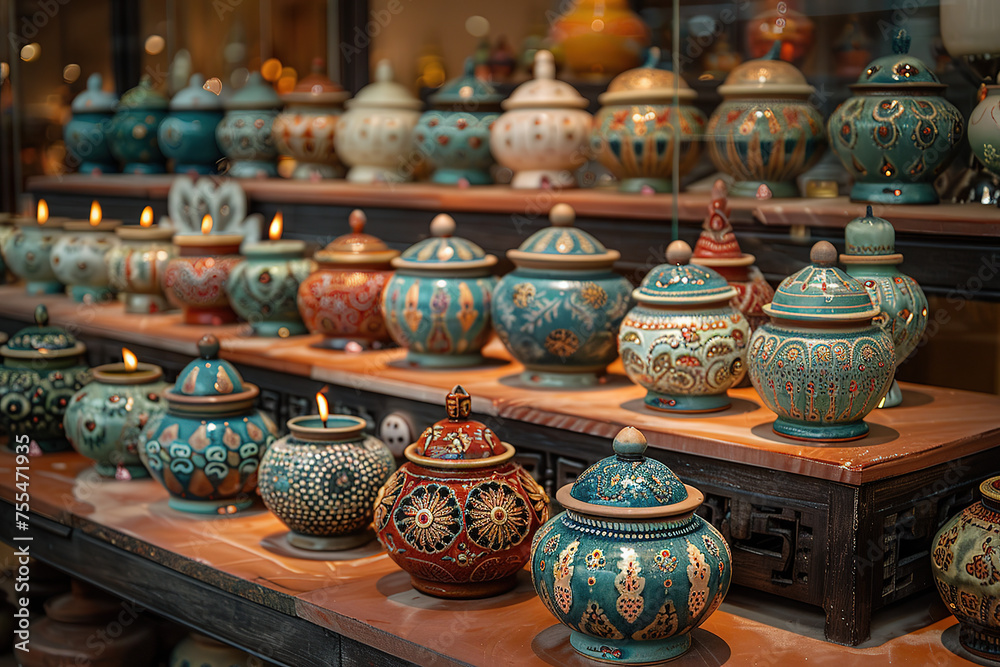 diya arranged into decorative patterns or displayed on shelves or tables diya arranged into decorative patterns or displayed on shelves or tables