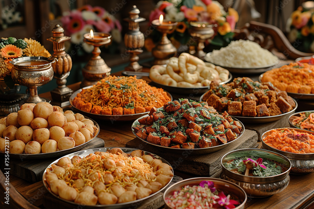 Tables filled with traditional dishes like samosas, pakoras, and sweets like ladoos and jalebi.