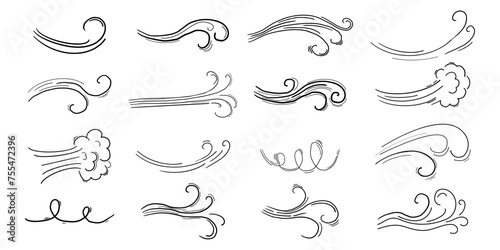 Wind motion doodle line swirl hand drawn steam weather blow isolated on white background. Atmosphere action element.