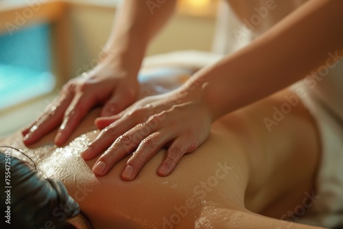 a woman person receiving a massage in a spa / massage treatment place photo