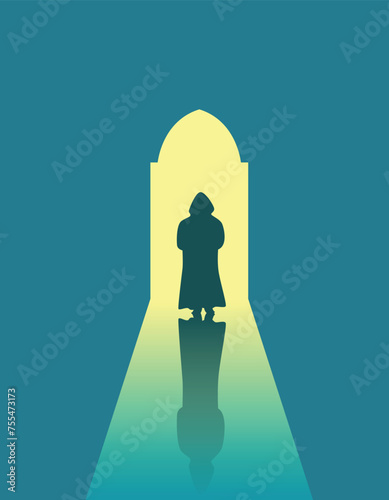 Silhouette of a Monk in the Church. Religion and faith concept vector art