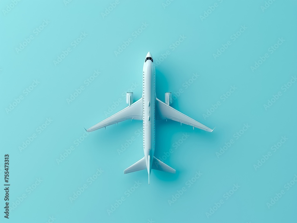 Top view of an airplane isolated against a vibrant blue background, illustrating air travel and aviation. Top view of an airplane isolated against a vibrant blue background, illustrating air travel and aviation.