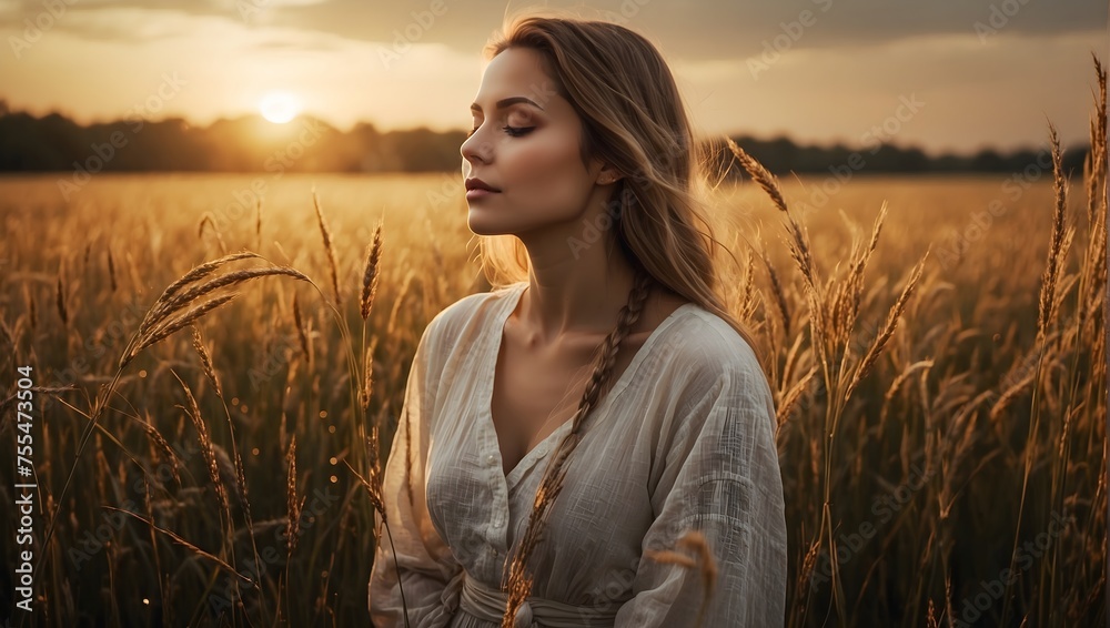 Portrait of calm happy smiling free woman with closed eyes enjoys a beautiful moment life on the fields at sunset Portrait of calm happy smiling free woman with closed eyes enjoys a beautiful moment life on the fields at sunset