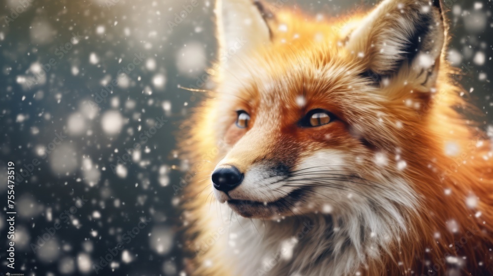 close up fox with snowfall background close up fox with snowfall background