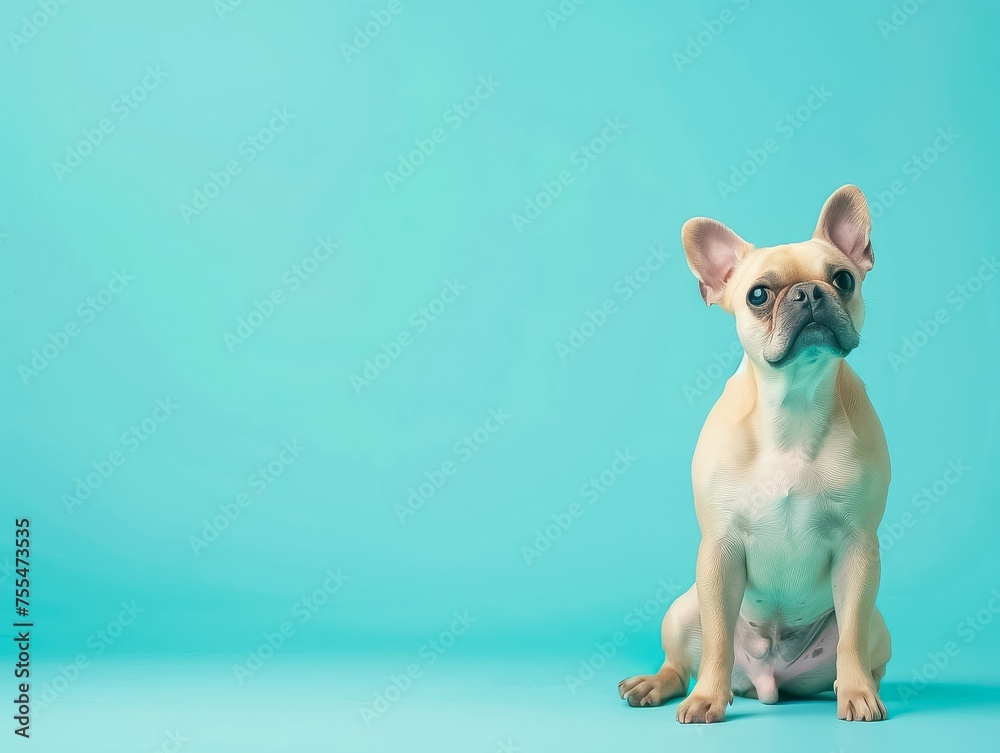 A dog sits with a calm demeanor against a solid pastel blue background
