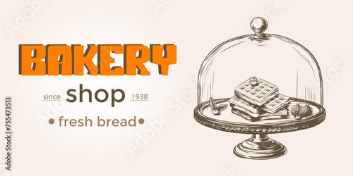 Waffle, crepe illustration for restaurant on vintage background. Vector hand drawn wafer dessert icons for food cafe and bakery. Design with lettering and doodle graphic.