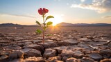  The flower of hope sprouting from cracked ground symbolizes the power to rise above desolation andsprites the sun rising over dry desert landscape
