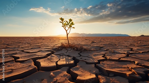 A lone tree standing in the cracked earth of an arid desert, with the sun setting behind it