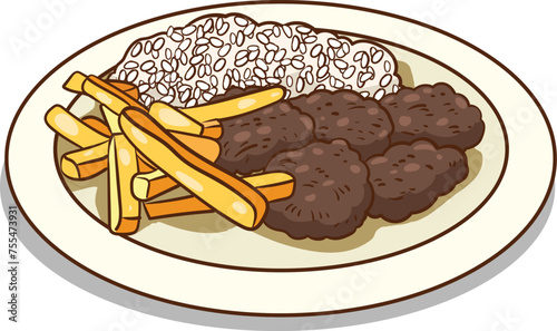 vector illustration of a Plate of Rice with French Fries and Meatballs