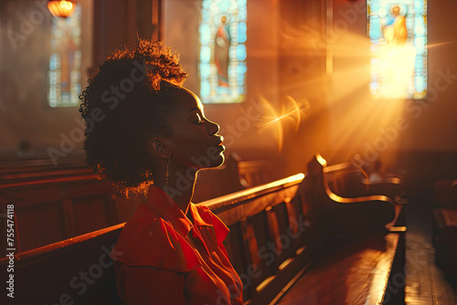 Portrait of black woman sitting on bench praying in the church in the sunbeams shining through the window.