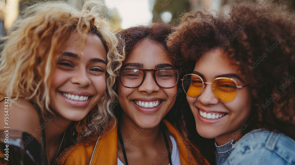 Diverse Groups of Women Smiling at Each Other, urban friendship concept, stylish outdoor friends Diverse Groups of Women Smiling at Each Other, urban friendship concept, stylish outdoor friends