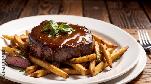 Juicy steak with fries and gravy on a plate. Studio photo.