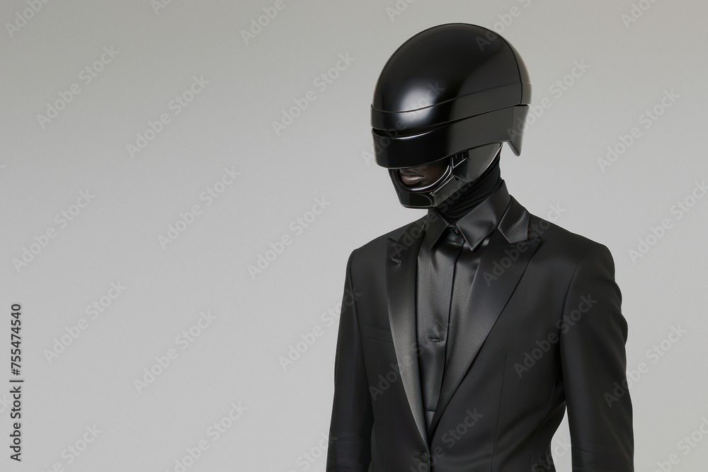 Faceless man with black motorcycle helmet","The image showcases a man dressed in a sharp black suit, helmet portraying a sense of enigma and elegance on grey backdrop - obrazy, fototapety, plakaty 