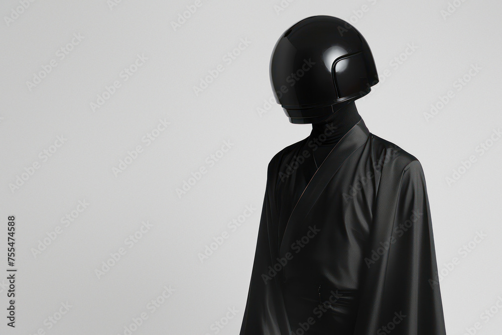 The image showcases a man dressed in a sharp black suit, helmet portraying a sense of enigma and elegance on grey backdrop