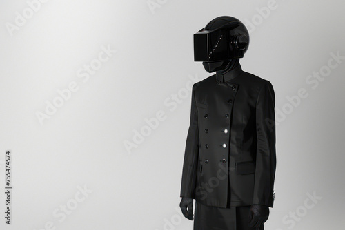 An image showcasing a person in a double-breasted suit and a futuristic helmet against a neutral backdrop photo