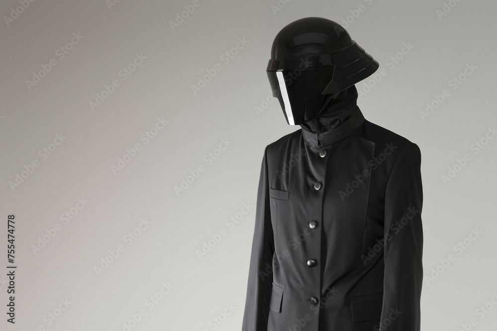 Striking image of a humanoid figure in a black suit paired with a modern design helmet