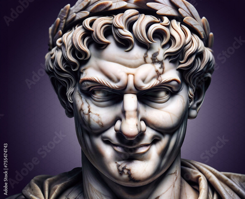 Marble statue of a roman emperor with malicious traits and a mischievous smile, in purple background. Digital illustration.