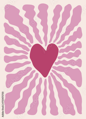 Abstract flowers and love shape poster. Hand drawn flowers infantile style. Organic doodle shapes matisse style, naive art, contemporary backgrounds. Heart vector illustration