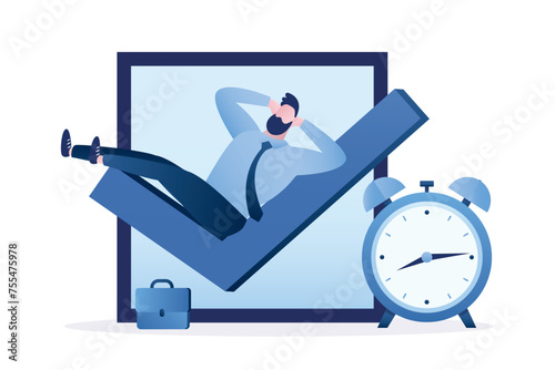 Businessman relax on complete checkmark with alarm clock. Fast and easy completed task. Finish work within deadline, efficiency and productivity. Tick checkbox, work done, photo