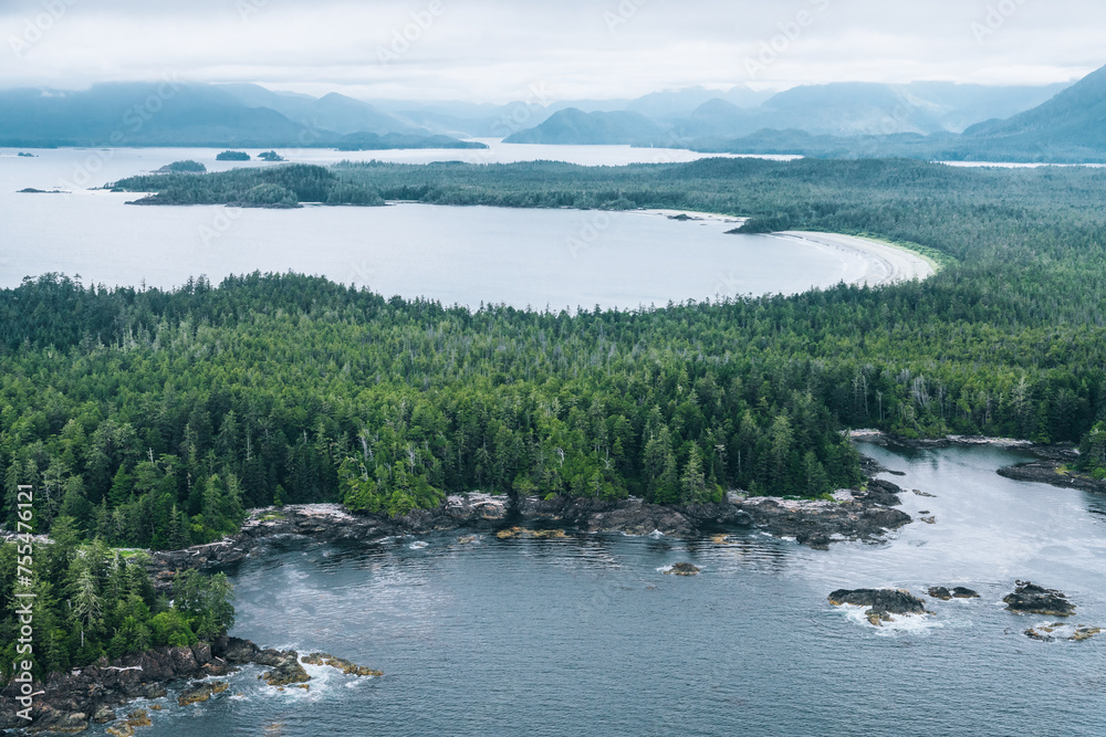 Aerial of Tofino inlet with islands
