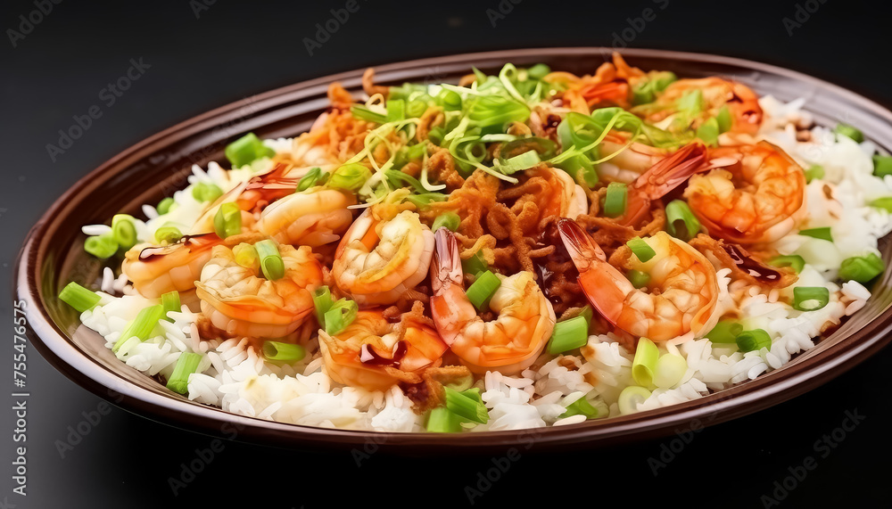 A plate of shrimp and rice with green peas