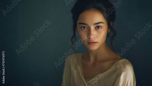 Studio portrait of a beautiful Thai woman from Thailand and wearing a simple white top.