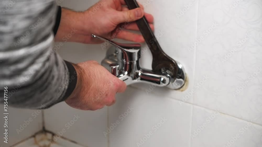 Plumber fixing repairing leaky shower Bathtub water tap faucet by wrench tool close up. Budget friendly replacement of plumbing fixtures by non professional in old bathroom with mold on wall tiles Plumber fixing repairing leaky shower Bathtub water tap faucet by wrench tool close up. Budget friendly replacement of plumbing fixtures by non professional in old bathroom with mold on wall tiles
