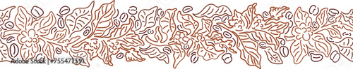 Coffee line pattern. Abstract border. Branch, graphic beans. Seamless background for cafe packaging, textile print