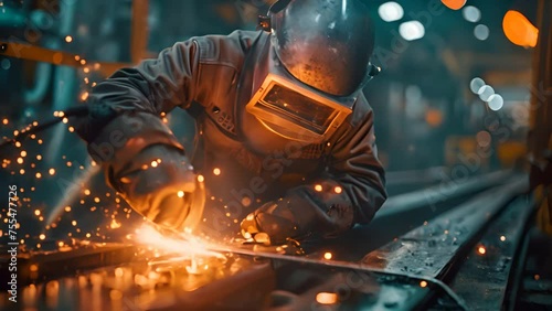 Welder welding steel On the backdrop of a construction site,generative ai