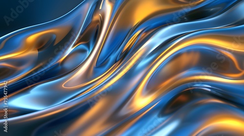 lustrous chrome metal fluid waves, textured yellow and blue chrome liquid background