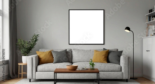 Blank poster frame mockup on white living room wall