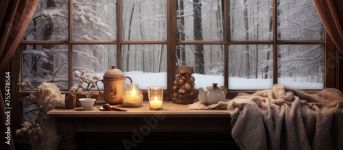 Through a window, a view of a thick snowy forest is visible. The forest is covered in snow, with tall trees and branches laden with white powder. A wooden table with warm clothes is in the foreground.