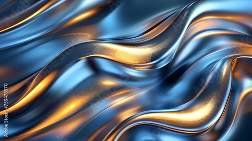 reflective chrome liquid curves, vibrant yellow and blue chrome metal pattern backdrop