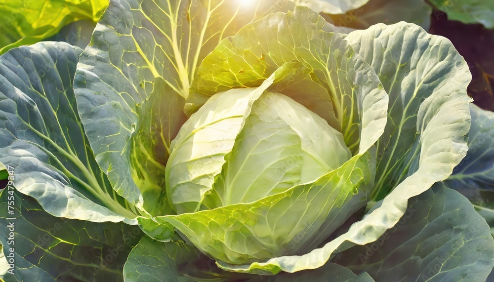 Fototapeta premium Fresh organic annual cabbage growing in an eco-garden, Vegetarian, healthy, natural food,