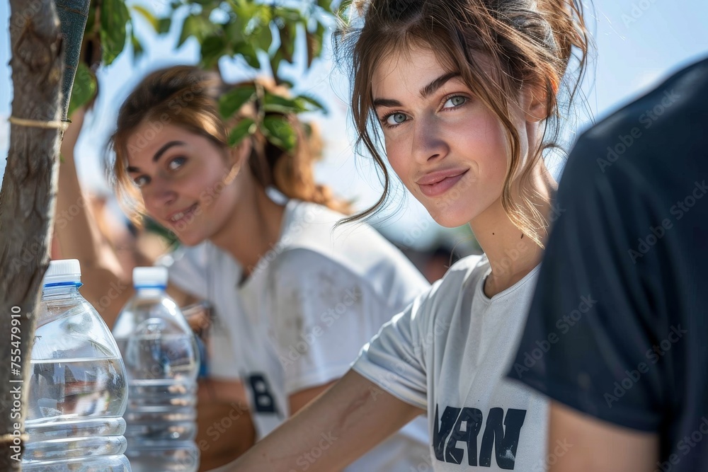 Young women looking to the camera while participating in a communal ecological activity using plastic bottles Young women looking to the camera while participating in a communal ecological activity using plastic bottles