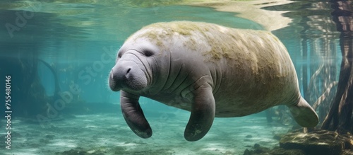 A manatee, specifically the subspecies Trichechus manatus manatus, is seen grazing on aquatic vegetation along the riverbed.