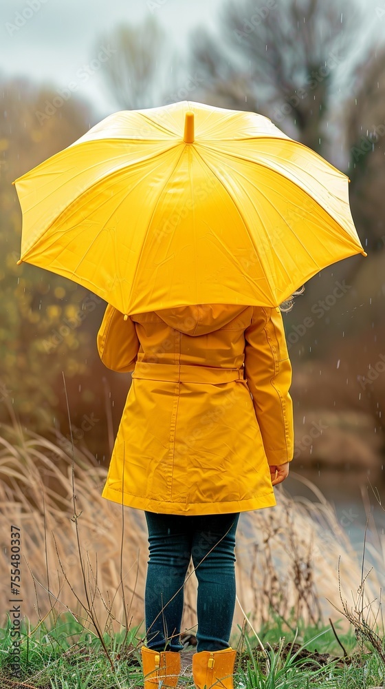 cute scene of a small girl in a spring rain