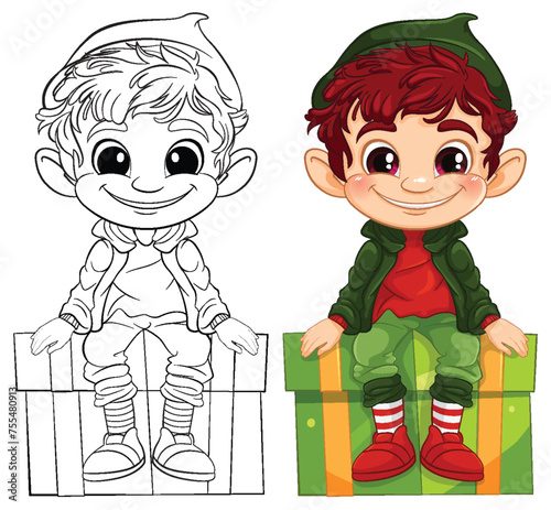 Colorful and outlined versions of a happy elf.