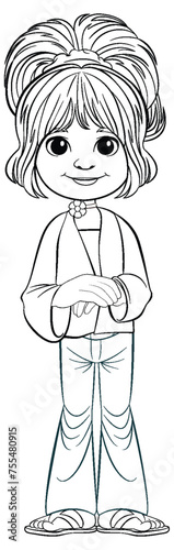 Black and white drawing of a smiling girl.