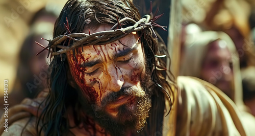 Jesus Christ is walking in front of the crowd with a cross larger than his body on his shoulder