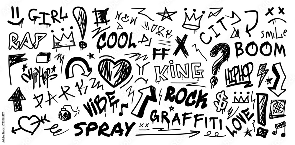 Graffiti spray elements. Art doodle font. Urban brush texture. Hand drawn lines. Graphic heart or star. Wall painting. Marker lettering. Underground print. Vector grunge text icons set