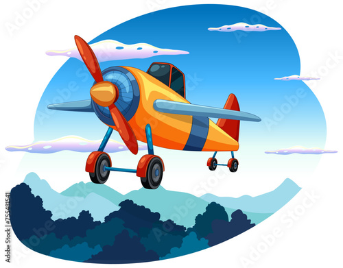 Colorful old-fashioned airplane flying in a cloudy sky