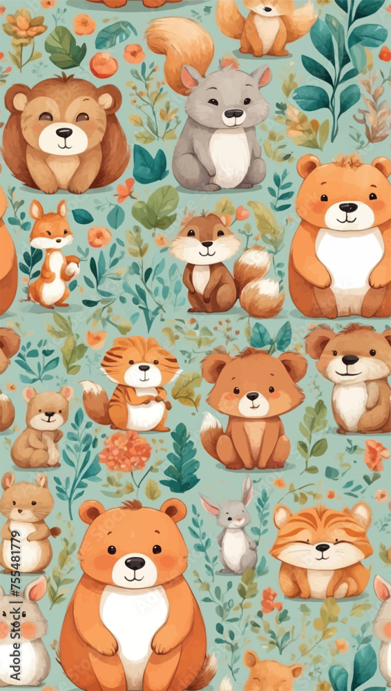 Fototapeta premium Beautiful seamless vector floral pattern with animals and tropical leaves flowers, spring summer background, palm leaves, jungle leaf, Wild animals, bird, Exotic wallpaper, Hawaiian, watercolour style