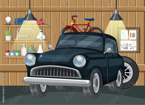 Classic car and bike stored in a wooden garage