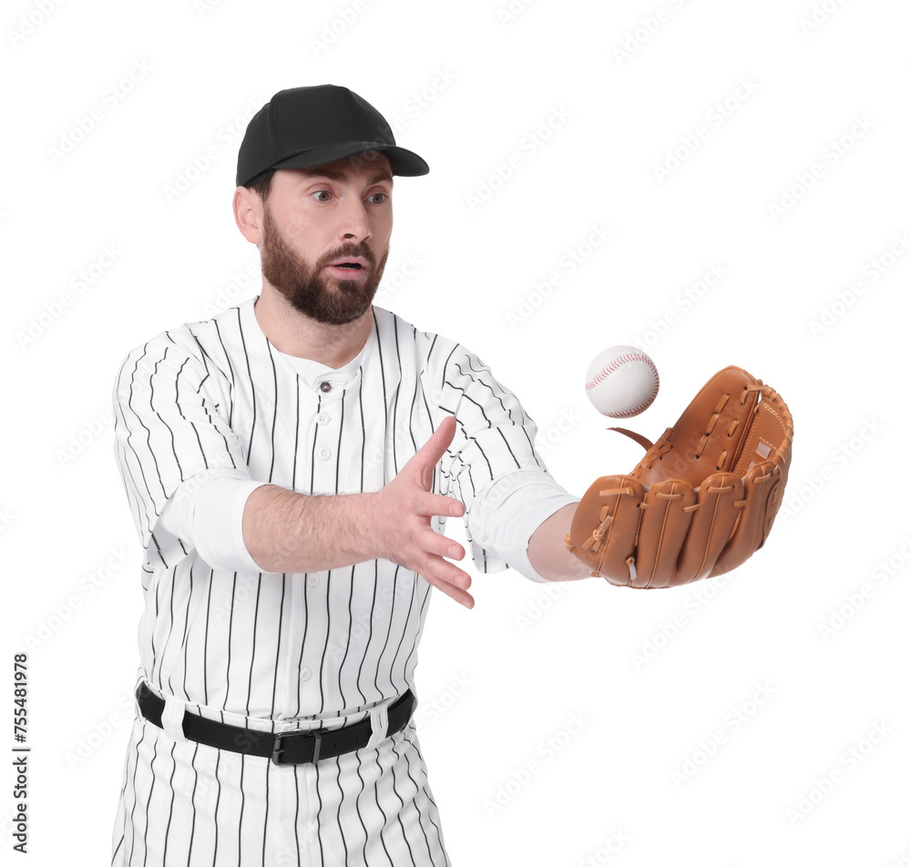 Obraz premium Baseball player catching ball on white background