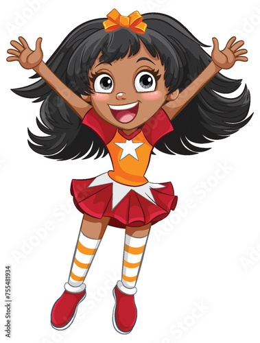 Animated girl in cheerleader outfit, expressing happiness.